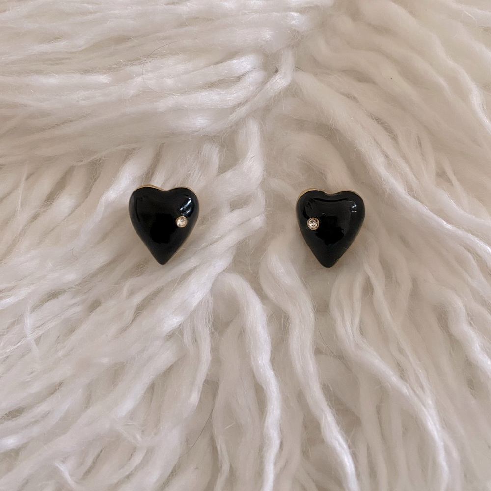 Betsey Johnson gold tone Black Enamel heart studs with rhinestone